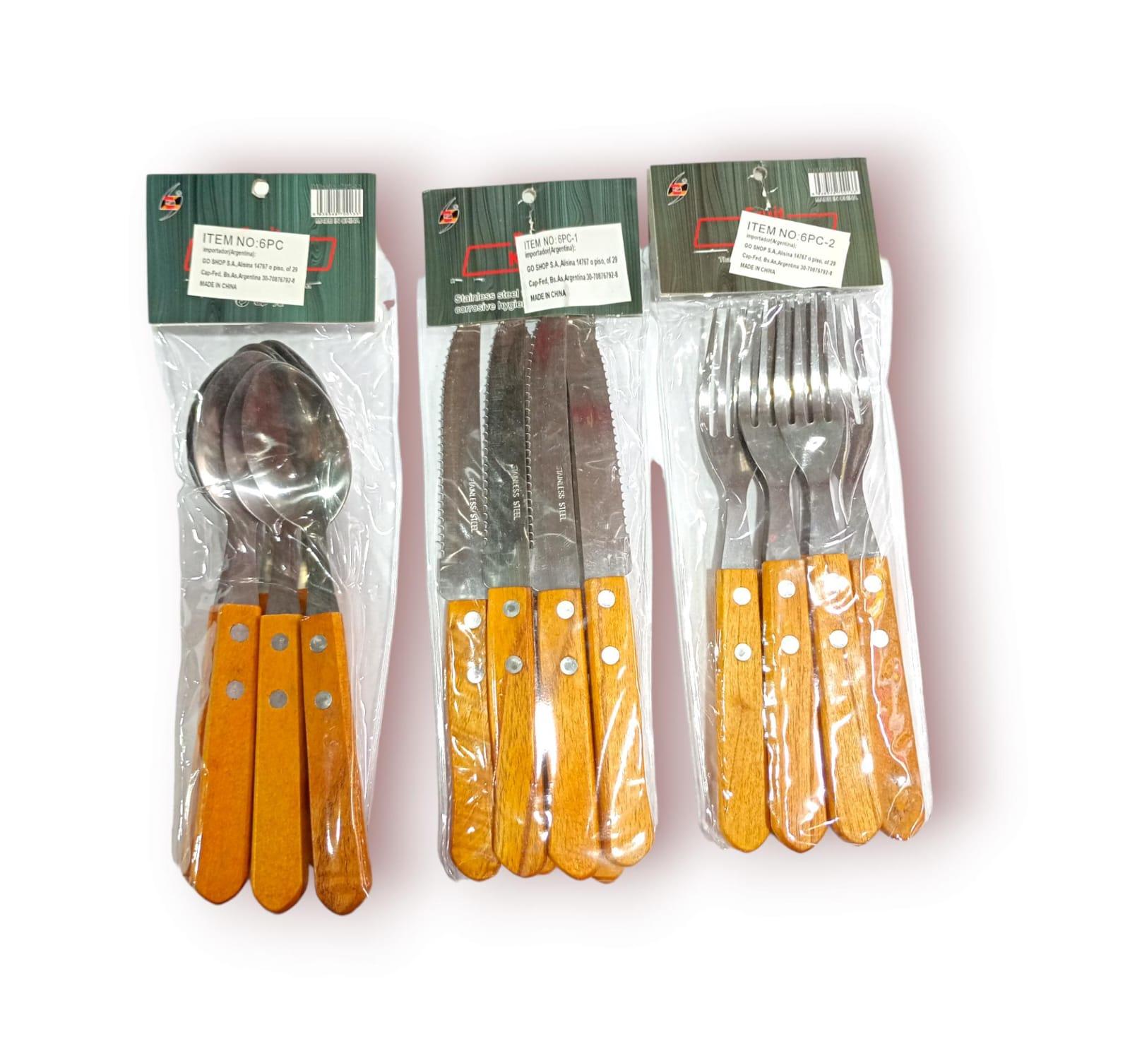 CUBIERTOS-SET X6 UNIDADES- ACERO+ MANGO DE MADERA- 20CM