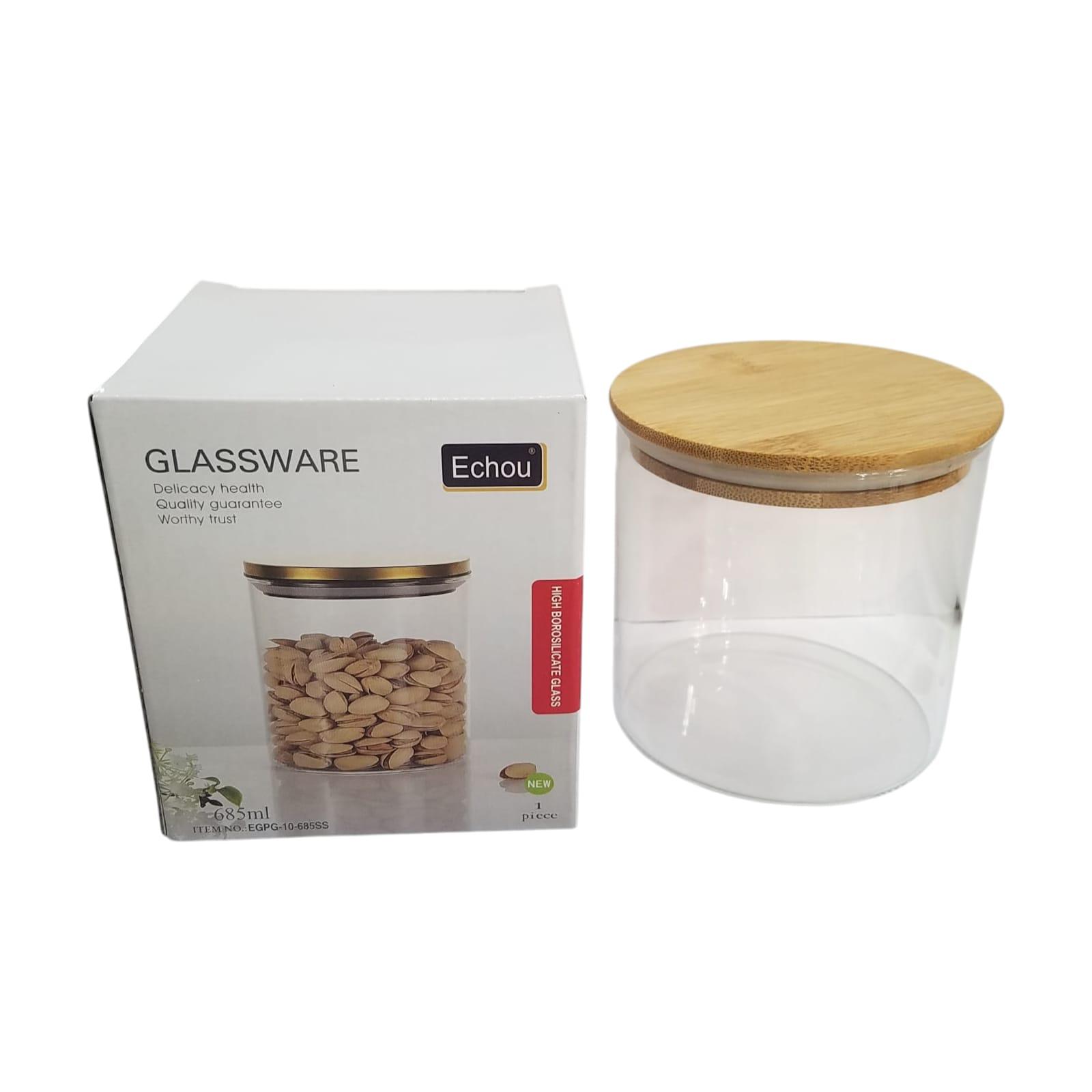 FRASCO VIDRIO 685ML CON TAPA SIMIL MADERA EN CAJA